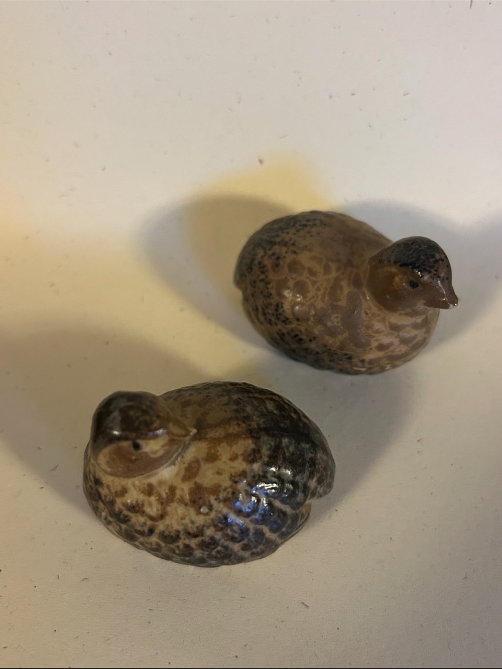 Vintage Miniature Ceramic Quail Bird Figurines Pair Brown Speckled